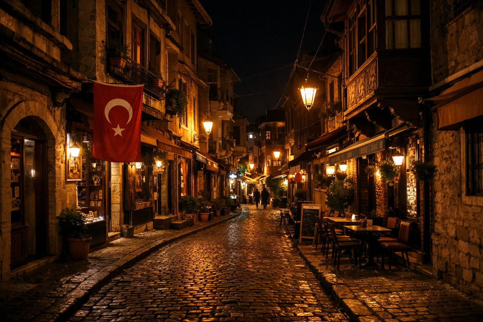 Gece modunda çekilmiş aydınlatılmış sokak